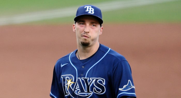 Tampa Bay Rays starting pitcher Blake Snell (4) reacts after being taken out of the game against the Houston Astros during the fifth inning during game six of the 2020 ALCS at Petco Park.